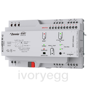 ALLinBOX 88 V2. Multifunction device with KNX power supply, KNX-IP Interface, 8 outputs/8 inputs and logic module